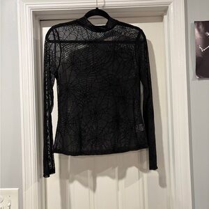 SHEIN Black Sheer Spiderweb Mock Neck Long Sleeve Top